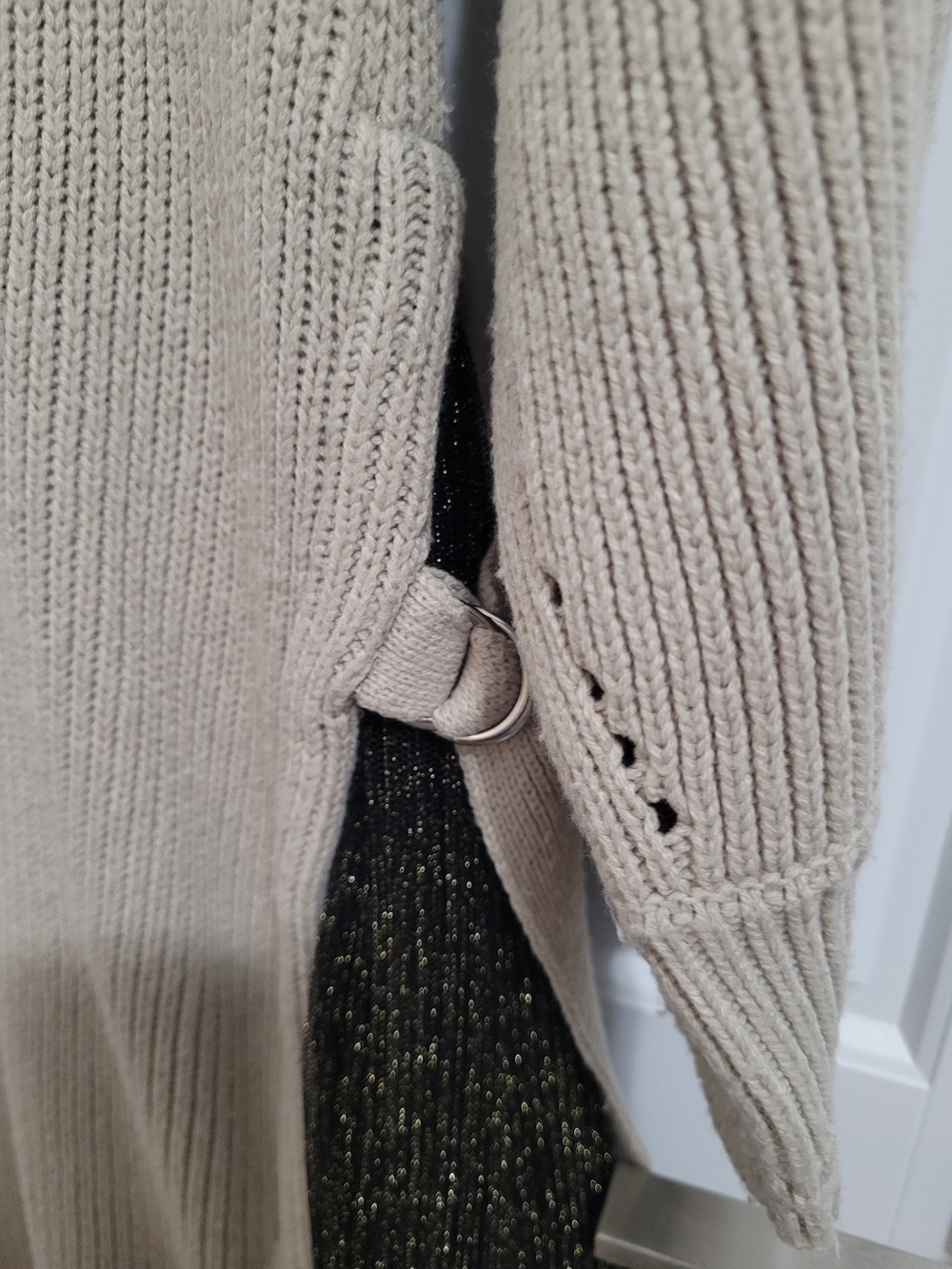 Beige Ribbed Long Sleeve Midi Dress with Black Side Panel - Picture 5 of 7